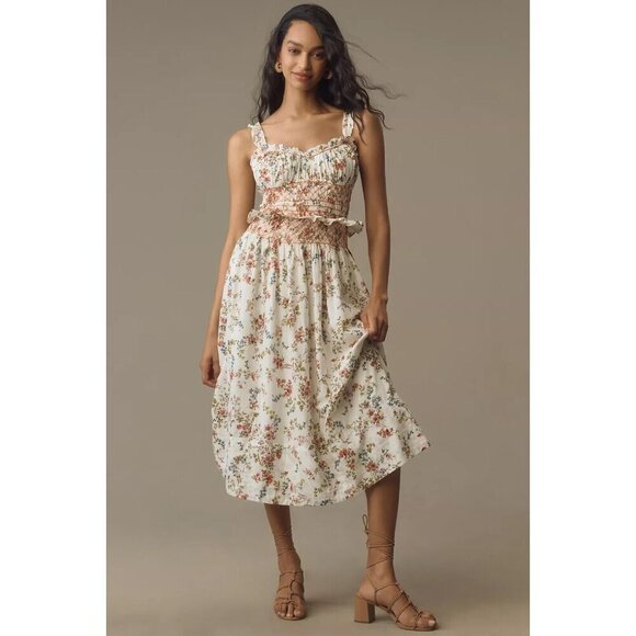 Anthropologie Dresses & Skirts - NWT Anthropologie Sleeveless Smocked-Waist Ruffled Midi Dress XL White Floral